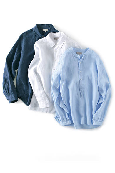 Indigo shirt ¥32,400, regular collar shirt (white) ¥31,320, collarless shirt (blue) ¥30,240 (all Margaret Howell)
