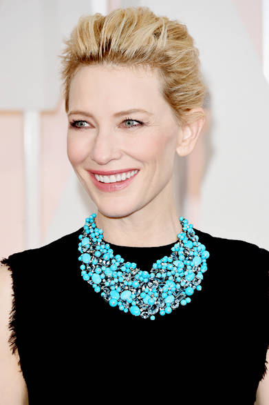 <strong>Tiffany & Co.<br>for Cate Blanchett</strong><br><br>Cate Blanchett, who presented the award for Best Actor, wore a Tiffany necklace with her simple black dress.<br><br>Jason Merritt/Getty Images