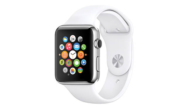 Apple Watchのホワイトのスポーツバンドモデル。バンドには、フルオロエラストマーを使用。耐久性が高く、しなやか
