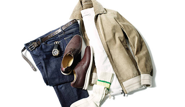 Mr. Tochigi's coordination during the interview. All items except the Regal shoes are his personal belongings. Italian-made suede blouson: "DENIM," padded jersey: "OUR LEGACY," jeans: Japanese brand "MR. D," narrow belt: "CRIOSO," wristwatch: "Bell & Ross," ribbed socks. Regal shoes: ¥19,440.