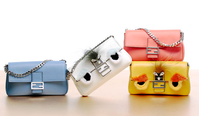 <strong>Petit & Colorful Bag</strong><br><br>Left & Top Right: "Micro Bucket" [H8.5×W13.5×D2.2cm] ¥122,640 each.<br>Center & Bottom Right: "Micro Baguette" BAG BUGS [H8.5×W13.5×D2.2cm] ¥173,880 each.<br>FENDI / FENDI JAPAN Tel. 03-3514-6187