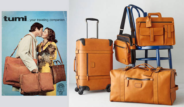 <strong>TUMI</strong><br />"Tumi 1975 Collection"<br />Left: Original advertising visual from the brand's founding. Right, clockwise from left: International Carry-On ¥324,000 (Tan), N/S Crossbody ¥84,240 (Black/Tan), Slim Brief ¥162,000 (Tan), Square Duffel ¥253,800 (Tan)