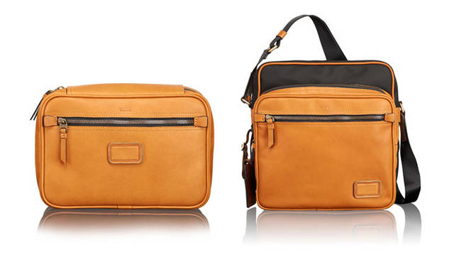 <strong>TUMI</strong><br />"Tumi 1975 Collection"<br />Left: Large Travel Kit (Tan) ¥48,600. Right: N/S Crossbody (Black/Tan) ¥84,240