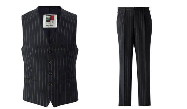 UNITED ARROWS & SONS × TAKEO KIKUCHI Waistcoat ¥27,000 (Navy/M, L, XL), Right: Trousers ¥30,240 (Navy/M, L, XL)
