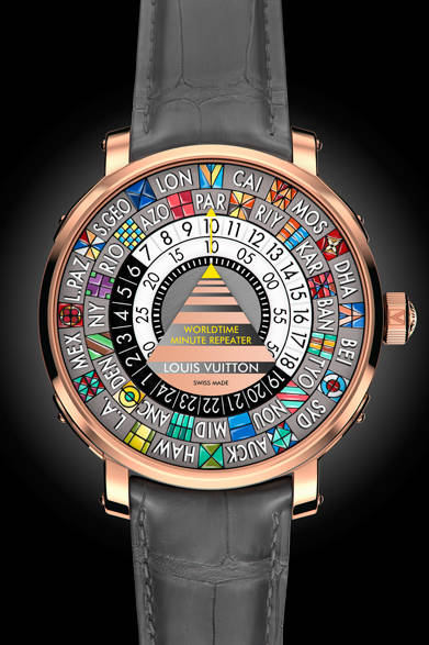 <strong>Tambour Worldtime Minute Repeater</strong><br>Case: 18K Pink Gold (bezel, lugs, crown) + Titanium (middle case)<br>Diameter: 44mm<br>Thickness: 11.75mm<br>Movement: Manual-wind (Cal. LV235)<br>Functions: Worldtime, Minute Repeater (chimes home time)<br>Strap: Alligator<br>Water Resistance: 30m<br>Release: Scheduled for April<br>Price: ¥35,000,000 (excluding tax, reference price)