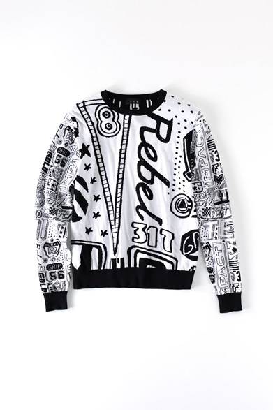 <strong>MENS | </strong> A jacquard knit with a playful, all-over graphic resembling graffiti. Its comfortably thick, soft texture and unique 360-degree pattern make it interesting from every angle. Knit ¥49,680 (DIESEL BLACK GOLD)