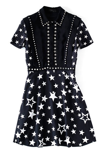 <strong>WOMENS | </strong> This star-print dress, a key look from the collection, draws inspiration from the season's theme of "Rockabilly." The contrast between the pop pattern and the elegant, draped silhouette is captivating. Dress ¥223,560 (DIESEL BLACK GOLD)