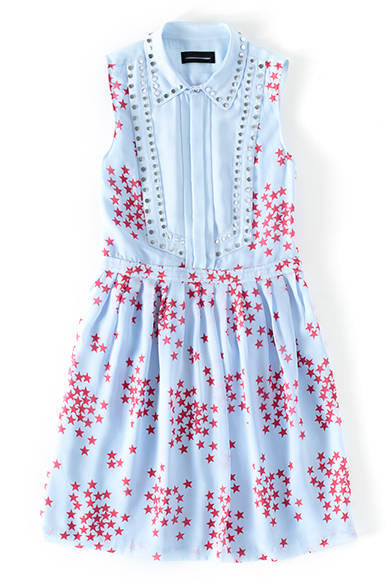 <strong>WOMENS | </strong> This blue dress, featuring studs and a star print, is made of 100% silk and offers a feminine finish. It's also adorable when layered under another top, with the collar and hem peeking out. Dress ¥89,640 (DIESEL BLACK GOLD)