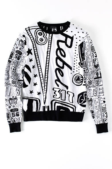 <strong>MENS | </strong> A jacquard knit with a playful, all-over graphic resembling graffiti. Its comfortably thick, soft texture and unique 360-degree pattern make it interesting from every angle. Knit ¥49,680 (DIESEL BLACK GOLD)