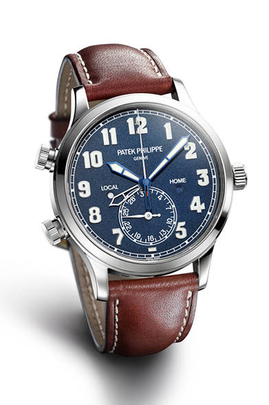 <strong>Calatrava Pilot Travel Time 5524</strong><br/>Case: 18K White Gold<br/>Diameter: 42mm<br/>Thickness: 10.78mm<br/>Movement: Self-winding (Cal. 324 S C FUS)<br/>Functions: Dual time zone display (local and home times shown by two separate hour hands), dual day/night indicators (corresponding to the two time zones), push-piece adjustment of the second hour hand (for local time), date display (pointer-type in a sub-dial at 6 o'clock)<br/>Strap: Calfskin<br/>Water resistance: 3 bar<br/>Release: Scheduled for Autumn 2015<br/>Estimated price: ¥5,432,400<br/>