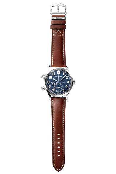 <strong>Calatrava Pilot Travel Time 5524</strong><br/>Case: 18K White Gold<br/>Diameter: 42mm<br/>Thickness: 10.78mm<br/>Movement: Self-winding (Cal. 324 S C FUS)<br/>Functions: Dual time zone display (local and home times shown by two separate hour hands), dual day/night indicators (corresponding to the two time zones), push-piece adjustment of the second hour hand (for local time), date display (pointer-type in a sub-dial at 6 o'clock)<br/>Strap: Calfskin<br/>Water resistance: 3 bar<br/>Release: Scheduled for Autumn 2015<br/>Estimated price: ¥5,432,400<br/>