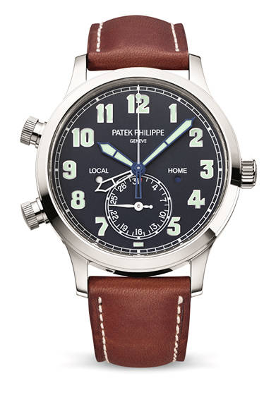 <strong>Calatrava Pilot Travel Time 5524</strong><br/>Case: 18K White Gold<br/>Diameter: 42mm<br/>Thickness: 10.78mm<br/>Movement: Self-winding (Cal. 324 S C FUS)<br/>Functions: Dual time zone display (local and home times shown by two separate hour hands), dual day/night indicators (corresponding to the two time zones), push-piece adjustment of the second hour hand (for local time), date display (pointer-type in a sub-dial at 6 o'clock)<br/>Strap: Calfskin<br/>Water resistance: 3 bar<br/>Release: Scheduled for Autumn 2015<br/>Estimated price: ¥5,432,400<br/>