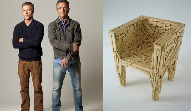<strong>SEIBU Shibuya</strong><br />Vitra Design Museum traveling exhibition "Antibodies: The Works of Fernando and Humberto Campana (1989-2009)"<br />Left: Campana Brothers, Right: "Favela" chair, made by bonding countless wood scraps. The work, themed around "Favela = Slum," conveys the reality of Brazil with its inconsistent, irregular, and chaotic design. "Favela chair, 2003" ©Edra and Estudio Campana