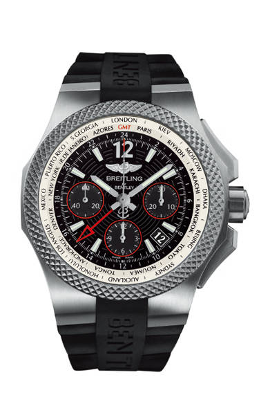 <strong>BENTLEY GMT LIGHT BODY B04 S</strong><br/>Case: Titanium<br/>Diameter: 45mm<br/>Movement: Automatic (Cal. B04)<br/>Functions: Chronograph (30-minute and 12-hour counters), second time zone (home time displayed via 24-hour hand), world time (city ring adjusted by rotating bezel for 24 time zones)<br/>Strap: Black rubber<br/>Water resistance: 100m<br/>Release: Summer 2015 (scheduled)<br/>Price: ¥1,653,480<br/>