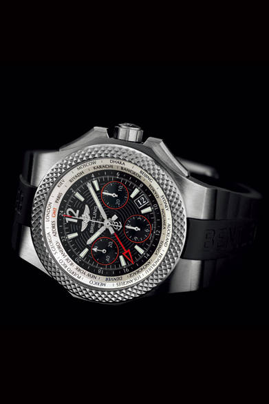 <strong>BENTLEY GMT LIGHT BODY B04 S</strong><br/>Case: Titanium<br/>Diameter: 45mm<br/>Movement: Automatic (Cal. B04)<br/>Functions: Chronograph (30-minute and 12-hour counters), second time zone (home time displayed via 24-hour hand), world time (city ring adjusted by rotating bezel for 24 time zones)<br/>Strap: Black rubber<br/>Water resistance: 100m<br/>Release: Summer 2015 (scheduled)<br/>Price: ¥1,653,480<br/>