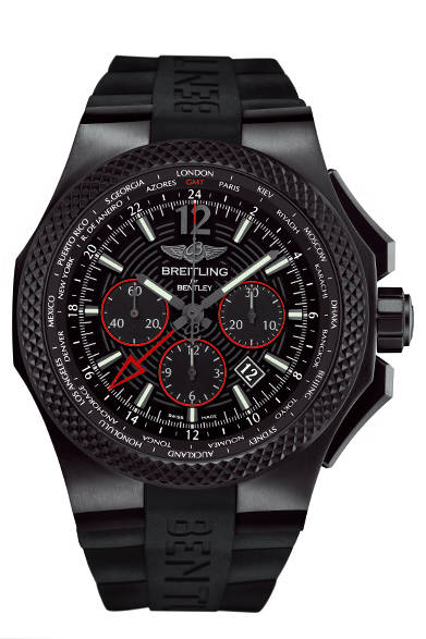 <strong>BENTLEY GMT LIGHT BODY B04 MIDNIGHT CARBON</strong><br/>Case: Black titanium<br/>Diameter: 49mm<br/>Movement: Automatic (Cal. B04)<br/>Functions: Chronograph (30-minute and 12-hour counters), second time zone (home time displayed via central 24-hour hand), world time (city ring adjusted by rotating bezel for 24 time zones)<br/>Strap: Black rubber<br/>Water resistance: 100m<br/>Release: Summer 2015 (scheduled)<br/>Price: ¥2,116,800<br/>