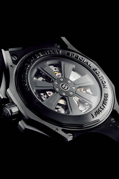 <strong>BENTLEY GMT LIGHT BODY B04 MIDNIGHT CARBON</strong><br/>Case: Black titanium<br/>Diameter: 49mm<br/>Movement: Automatic (Cal. B04)<br/>Functions: Chronograph (30-minute and 12-hour counters), second time zone (home time displayed via central 24-hour hand), world time (city ring adjusted by rotating bezel for 24 time zones)<br/>Strap: Black rubber<br/>Water resistance: 100m<br/>Release: Summer 2015 (scheduled)<br/>Price: ¥2,116,800<br/>