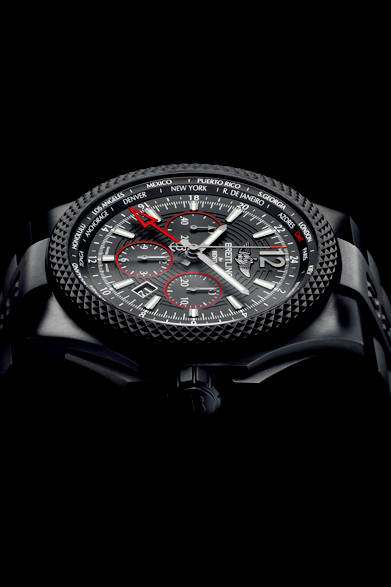 <strong>BENTLEY GMT LIGHT BODY B04 MIDNIGHT CARBON</strong><br/>Case: Black titanium<br/>Diameter: 49mm<br/>Movement: Automatic (Cal. B04)<br/>Functions: Chronograph (30-minute and 12-hour counters), second time zone (home time displayed via central 24-hour hand), world time (city ring adjusted by rotating bezel for 24 time zones)<br/>Strap: Black rubber<br/>Water resistance: 100m<br/>Release: Summer 2015 (scheduled)<br/>Price: ¥2,116,800<br/>