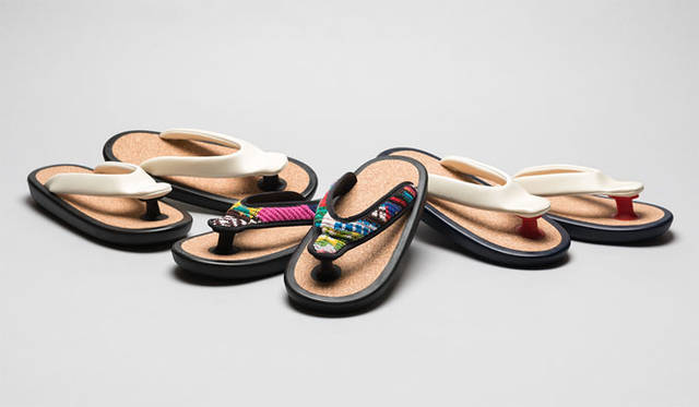 <strong>ISETAN MEN’S</strong><br />"JoJo" Sandals Left & Right: ¥24,840 (SS, S, M), ¥25,920 (L, XL) Center: ¥34,560<br />The center pair features vintage knit patchwork from "Desertic" on the thong strap.