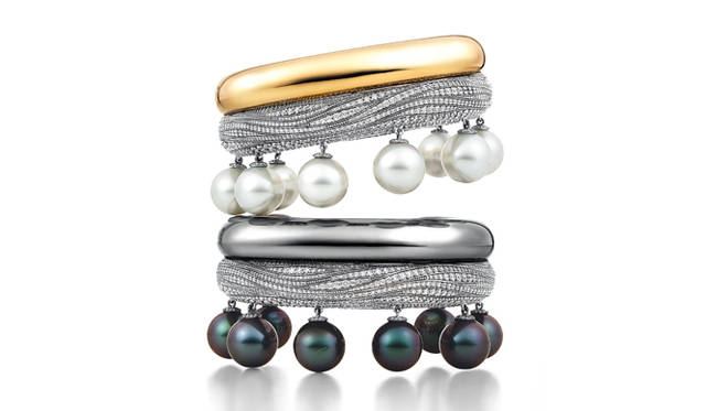 The "DEEP SEA TREASURE" features Tahitian pearls suspended from a white gold cuff bracelet © Tiffany & Co.