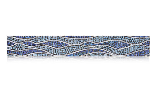 The "WATERCOLORS" collection, featuring Montana sapphires, blue sapphires, and diamonds set in black rhodium-plated platinum, expresses the gentle waves lapping at the shore © Tiffany & Co.