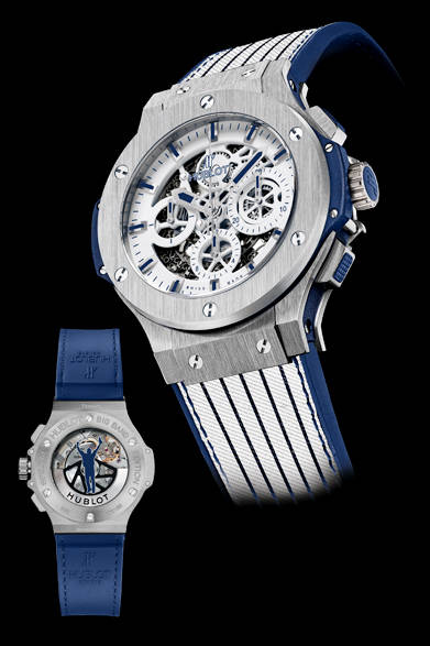 <strong>アエロ・バン MT88</strong><br />ケース｜スチール（サテン仕上げ）<br />ベゼル｜スチール<br />直径｜44mm<br />ムーブメント｜自動巻き（Cal.HUB4214）<br />機能｜クロノグラフ（30分積算計、12時間積算計）、日付表示<br />ストラップ｜ホワイトファブリックネイビーストライプ＋ネイビーラバー（ホワイトブミアリゲーター×ラバーが付属）<br />防水｜10気圧<br />限定数｜日本限定88本<br />発売時期｜8月予定<br />価格｜209万5200円