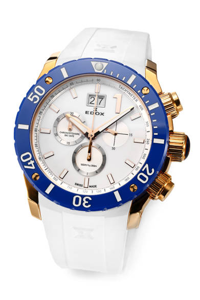 <strong>Chronoffshore1<br />Limited Edition</strong> <br /><br />Case: Stainless steel with 18K pink gold PVD coating + blue ceramic bezel<br />Diameter: 45mm<br />Movement: Quartz (Cal.EDOX 10)<br />Strap: White rubber<br />Water resistance: 500m<br />Limited to: 215 pieces<br />Release: Scheduled for August<br />Estimated price: ¥243,000