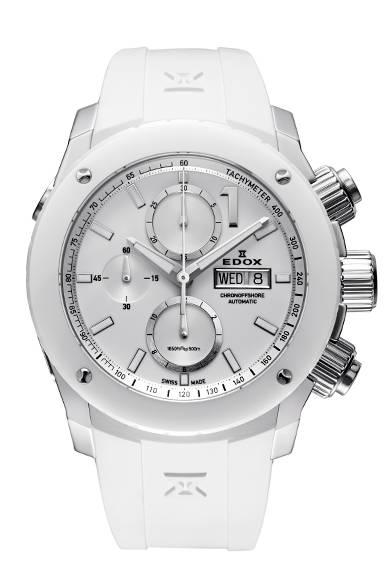 <strong>Chronoffshore1<br />Automatic</strong><br /> <br /> Case: Stainless steel + white ceramic bezel<br />Diameter: 45mm<br />Movement: Automatic (Cal.EDOX011)<br />Strap: White rubber<br />Water resistance: 500m<br />Release: Scheduled for June<br />Estimated price: ¥399,600