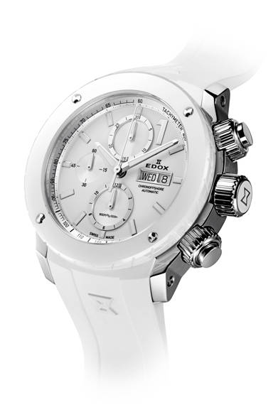 <strong>Chronoffshore1<br />Automatic</strong><br /><br /> Case: Stainless steel + white ceramic bezel<br />Diameter: 45mm<br />Movement: Automatic (Cal.EDOX011)<br />Strap: White rubber<br />Water resistance: 500m<br />Release: Scheduled for June<br />Estimated price: ¥399,600