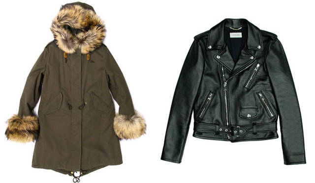 <strong>LITHIUM FEMME</strong><br />2015-16 Fall/Winter Collection. Left: Mod coat with fur sleeves in "OLMETEX" fabric. Right: Double-breasted rider's jacket in lamb leather.