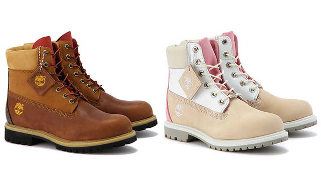 <strong>Timberland</strong><br />Custom Made Order System. Left: Men's 6-Inch Boot (sample). Right: Women's 6-Inch Boot (sample).