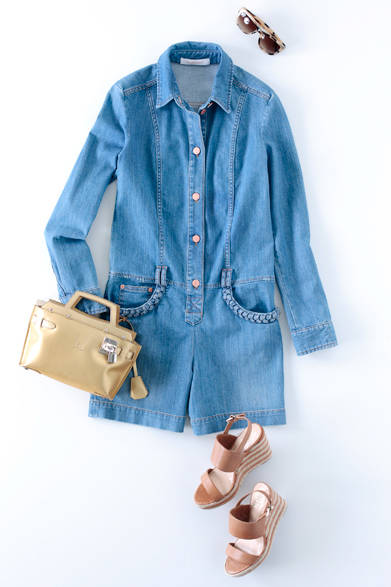 <strong>Denim Dress</strong><br><br>Jumpsuit ¥45,360 (SeeByChloé/Chloé Information Desk Tel. 03-4335-1750), Bag ¥129,600 (GOLDEN GOOSE DELUXE BRAND/GOLDEN GOOSE DELUXE BRAND Aoyama Tel. 03-3486-8860), Sandals ¥20,520 (VINCE CAMUTO/Look Import Business Tel. 03-3794-9239), Sunglasses (Stylist's own)