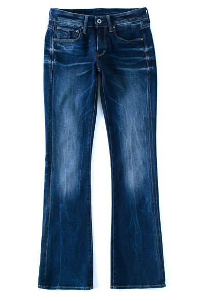 <strong>G-Star RAW</strong><br><br>These tough-looking flares are from G-Star RAW. The classic five-pocket design is enhanced with vivid color processing, perfect for a sharp coordinate when paired with a white shirt or a rider's jacket. ¥14,040 G-Star International Tel. 03-5765-3301