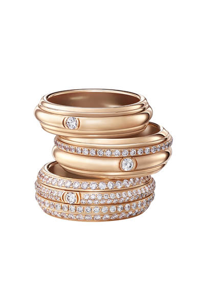 Pink gold and diamonds harmonise beautifully. POSSESSION rings from top: ¥285,120, ¥646,600, ¥2,025,000