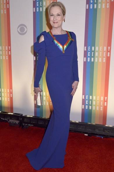 Actress Meryl Streep appeared at an event held in Washington. She elegantly wore a Paul Ka mermaid dress, with an off-white clutch serving as a sparkling accent. The iridescent rainbow motif lei around her neck perfectly matched the purple of the dress.
