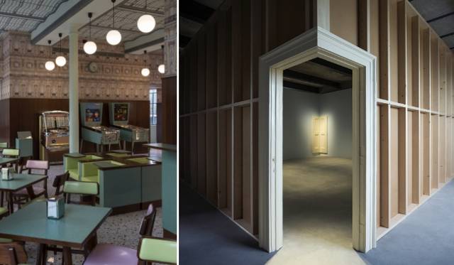 Left: Wes Anderson-designed Bar Luce, Right: Installation by artist Robert Gober