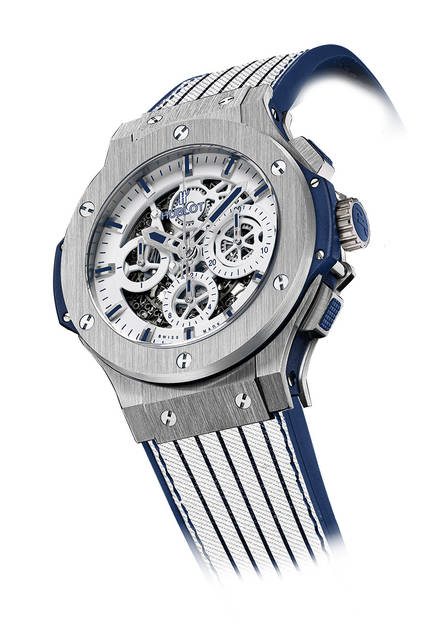 <strong>AERO BANG MT88</strong><br />Case: Stainless steel (satin finish)<br />Bezel: Stainless steel<br />Diameter: 44mm<br />Movement: Automatic (Cal.HUB4214)<br />Functions: Chronograph (30-minute counter, 12-hour counter), date display<br />Strap: White fabric navy stripe + navy rubber (comes with white rubber alligator)<br />Water resistance: 10 bar<br />Limited edition: 88 pieces for Japan<br />Release: Scheduled for August<br />Price: ¥2,095,200