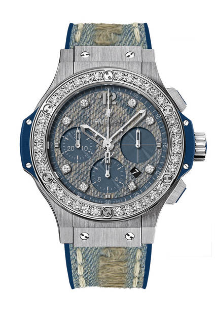 A jeweled piece with a vintage feel, featuring a distressed denim dial and strap.<br /><br /><strong>BIG BANG JEANS STEEL DIAMOND</strong><br />Case: Stainless steel<br />Bezel: Stainless steel with diamonds<br />Diameter: 41mm<br />Movement: Automatic (Cal.HUB4300)<br />Functions: Chronograph (30-minute counter, 12-hour counter), date display<br />Strap: Denim + rubber<br />Water resistance: 10 bar<br />Limited edition: 250 pieces<br />Price: ¥2,095,200