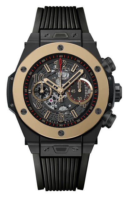 Equipped with the in-house Unico movement and featuring Magic Gold, Hublot's proprietary high-hardness gold material, on the bezel.<br /><br /><strong>BIG BANG UNICO CERAMIC MAGIC GOLD</strong><br />Case: Black ceramic<br />Bezel: Magic Gold<br />Diameter: 45mm<br />Movement: Automatic (Cal.HUB1242)<br />Functions: Chronograph (30-minute counter), date display<br />Strap: Black rubber<br />Water resistance: 10 bar<br />Price: ¥2,764,800