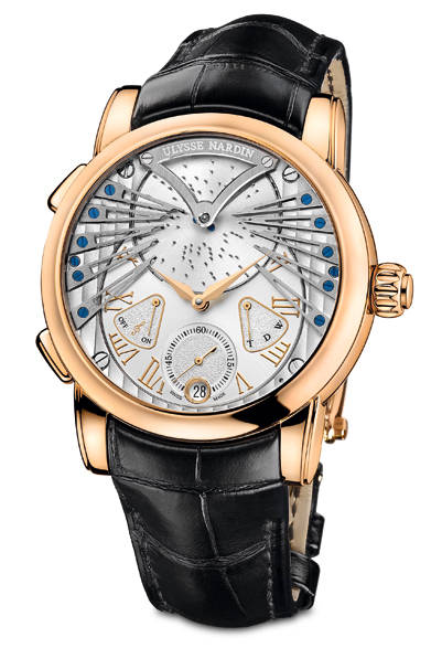 <strong>ミュージカルウォッチ ヴィヴァルディ</strong><br />ケース｜18Kローズゴールド<br />直径｜45mm<br />ムーブメント｜自動巻き（Cal.UN-690）<br />機能｜プチソヌリ（毎正時に自動演奏、オン・オフを8時位置に表示）、オルゴール（8時位置のボタンで演奏を開始/停止）、リューズ機能のインジケーター（巻き上げ、時刻調整、日付調整の選択、機能の選択された状態を4時位置に表示）、日付表示<br />ストラップ｜アリゲーター<br />防水｜3気圧<br />限定数｜99本<br />発売時期｜9月予定<br />予価｜1400万円<br />