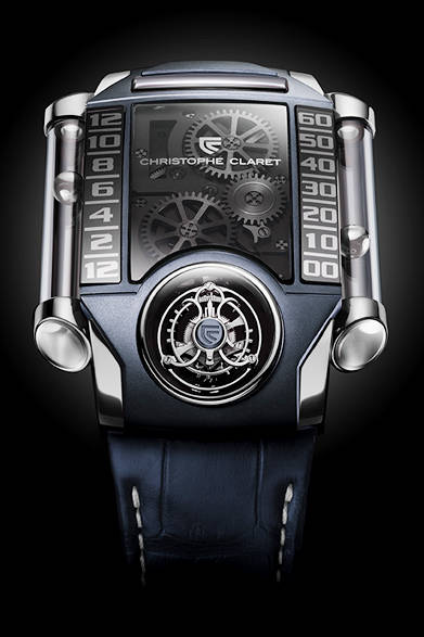 <strong>X-TREM 1 BLUE</strong><br />Case: 18K white gold + slate blue PVD titanium<br />Size: 50.8 x 40.8mm<br />Thickness: 15mm<br />Movement: Manual winding (Cal.FLY11)<br />Functions: Tourbillon (bottom at 6 o'clock), hours and minutes indicated by steel balls on the sides of the case<br />Strap: Alligator<br />Water resistance: 3 bar<br />Limited edition: 8 pieces<br />Release: TBD<br />Price: ¥51,000,000<br />