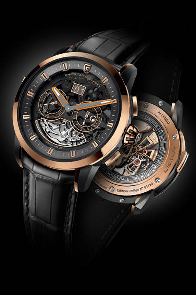 <strong>ALLEGRO</strong><br />Case: 18K red gold + anthracite PVD titanium<br />Diameter: 45mm<br />Thickness: 8.2mm<br />Movement: Automatic winding (Cal.ALG89)<br />Functions: Minute repeater, GMT display (subdial at 3 o'clock), day/night indicator, date display (big date with two discs)<br />Strap: Alligator<br />Water resistance: 3 bar<br />Limited edition: 20 pieces<br />Release: TBD<br />Price: ¥56,160,000<br />