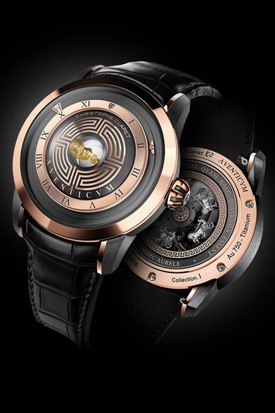 <strong>AVENTICUM</strong><br />Case: 18K red gold + anthracite PVD titanium<br />Diameter: 44mm<br />Thickness: 18.49mm<br />Movement: Automatic winding (Cal.AVE15)<br />Strap: Alligator<br />Water resistance: 3 bar<br />Limited edition: 68 pieces<br />Release: TBD<br />Price: ¥9,720,000<br />