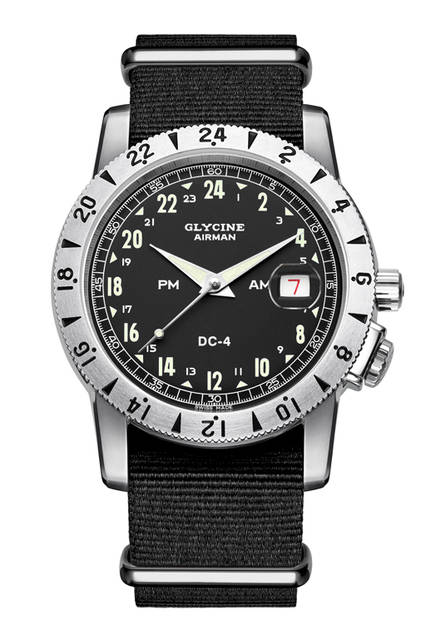 While the design is vintage, the 42mm diameter offers a contemporary size.<br /><br /><strong>AIRMAN 1953 VINTAGE DC-4</strong><br />Case: Stainless steel<br />Diameter: 42mm<br />Thickness: 11.80mm<br />Movement: Automatic<br />Features: Second time zone display<br />Strap: NATO strap<br />Water resistance: 20 bar<br />Price: ¥320,000<br />