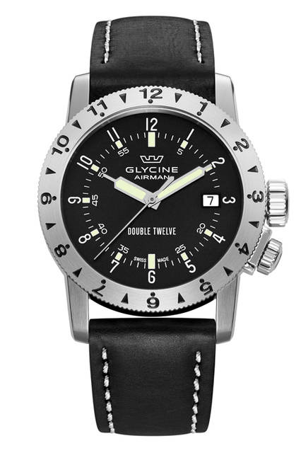 Features the first double 12-hour display mechanism.<br /><br /><strong>AIRMAN DOUBLE12</strong><br />Case: Stainless steel<br />Diameter: 40mm<br />Thickness: 11.80mm<br />Movement: Automatic<br />Features: Second time zone display<br />Strap: Leather<br />Water resistance: 20 bar<br />Price: ¥150,000<br />