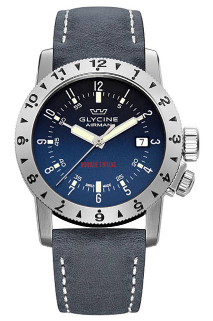 Features the first double 12-hour display mechanism.<br /><br /><strong>AIRMAN DOUBLE12</strong><br />Case: Stainless steel<br />Diameter: 40mm<br />Thickness: 11.80mm<br />Movement: Automatic<br />Features: Second time zone display<br />Strap: Leather<br />Water resistance: 20 bar<br />Price: ¥150,000<br />