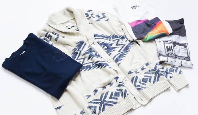 (From left) Champion x RHC T-shirt ¥8,640, RHC cardigan ¥43,200, SOLCA x ANDREA ROSSO for RHC T-shirt ¥25,920, RHC peanuts T-shirt ¥9,180