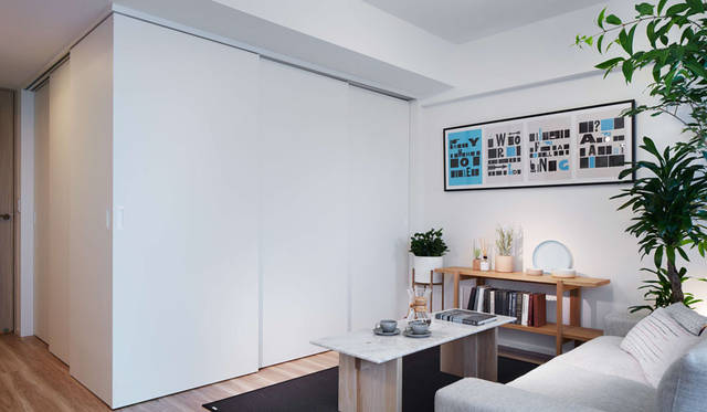<strong>COSMOS INITIA</strong><br />INITIA Cloud Futako-Tamagawa: A retractable sliding wall is installed between the living/dining area and the adjacent room.