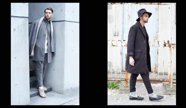 <strong>Bernabeu｜ベルナベウ</strong><br /><strong>2015-16年 秋冬コレクション</strong>　左／Coat 4万9680円、Pants 2万8080円、Blanket 1万9980円、右／Coat 5万9400円、Pants 2万5920円