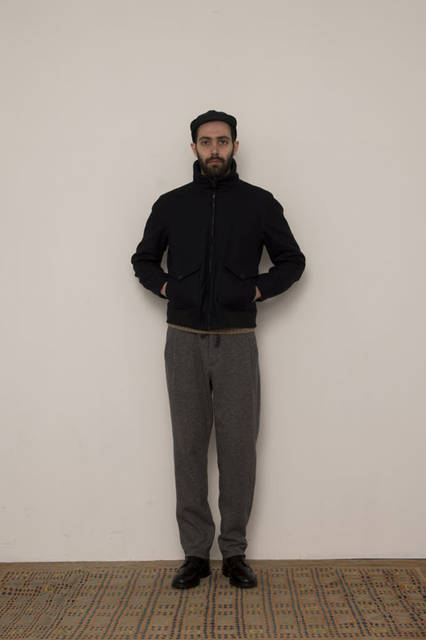 <strong>FUJITO</strong><br /><strong>2015-16 Autumn/Winter Collection</strong> Type B-10 Blouson ¥48,600, Crew Neck Rib Knit ¥19,440, 1 Tuck Easy Pants ¥24,840, B.B Cap ¥8,640